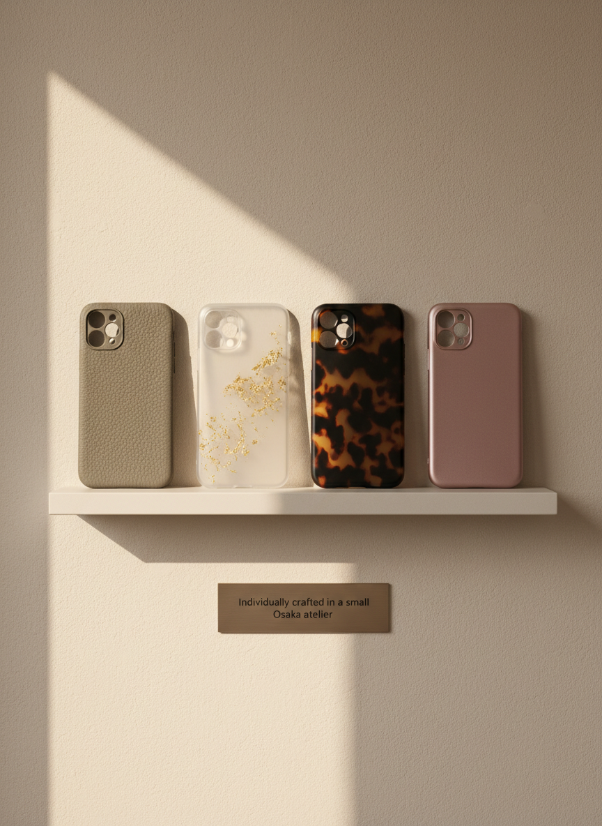 A curated row of elegant smartphone cases displayed on a narrow, matte white shelf against a soft beige wall, each case in a different sophisticated design: muted greige leather, translucent frosted shell with subtle gold accents, smoky tortoiseshell, and a dusty rose satin finish. Below, a small engraved metal plaque quietly notes that each piece is individually crafted in a small Osaka atelier. Gentle morning daylight filters in from the left, creating refined highlights on the textures and casting delicate, elongated shadows. Photographic realism with a clean, minimal composition shot straight-on at eye level, shallow depth of field softly blurring the background. The mood is calm, luxurious, and modern, evoking a fashion boutique rather than mass production.