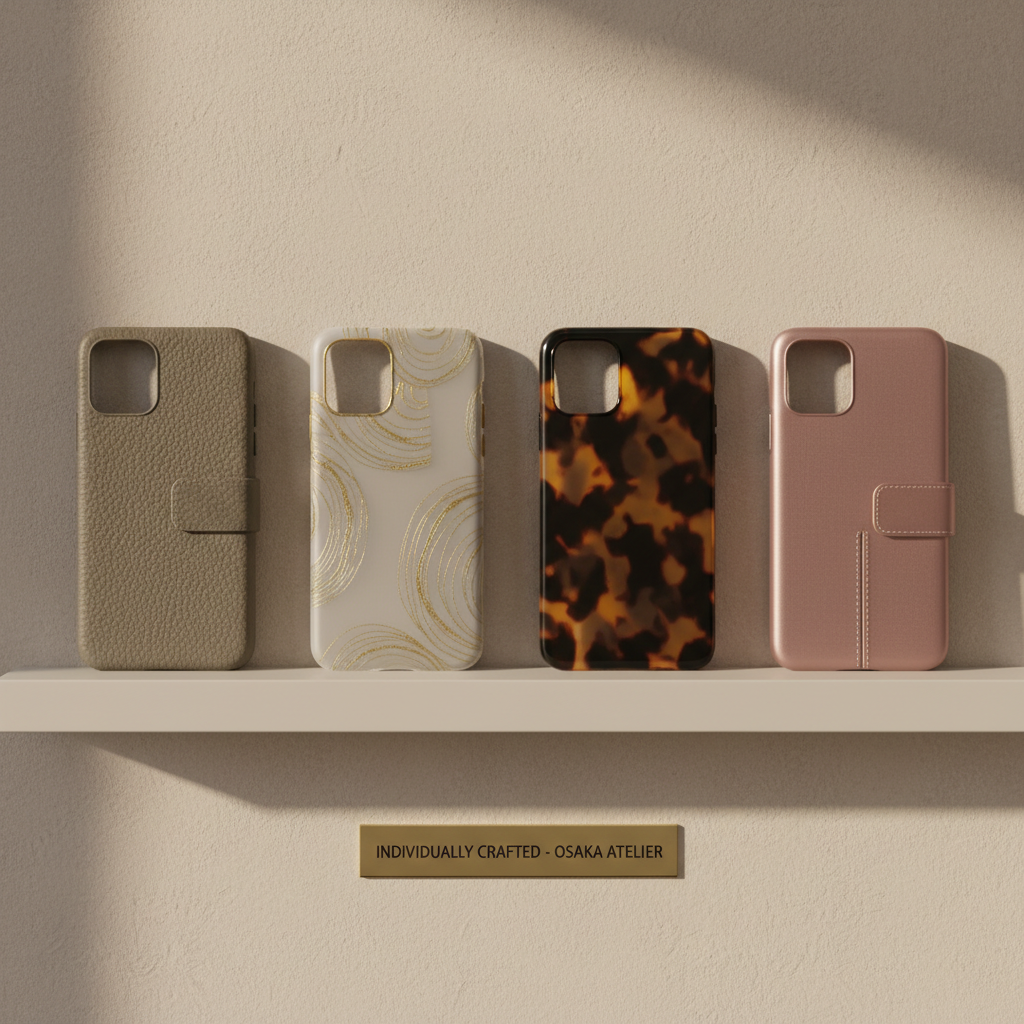 A curated row of elegant smartphone cases displayed on a narrow, matte white shelf against a soft beige wall, each case in a different sophisticated design: muted greige leather, translucent frosted shell with subtle gold accents, smoky tortoiseshell, and a dusty rose satin finish. Below, a small engraved metal plaque quietly notes that each piece is individually crafted in a small Osaka atelier. Gentle morning daylight filters in from the left, creating refined highlights on the textures and casting delicate, elongated shadows. Photographic realism with a clean, minimal composition shot straight-on at eye level, shallow depth of field softly blurring the background. The mood is calm, luxurious, and modern, evoking a fashion boutique rather than mass production.