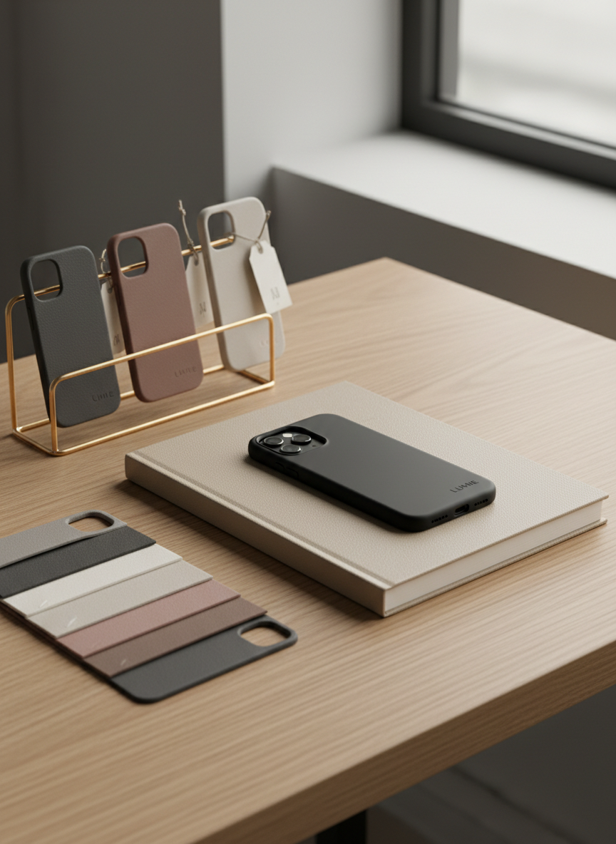 A thoughtfully styled workspace scene showing a smartphone in a minimalist matte black LUMIE case resting atop a closed fashion sketchbook on a light oak desk. Nearby, neatly stacked material swatches for iPhone and Android silhouettes in varying neutral tones suggest compatibility across models without showing any specific brand logos. A small, discreet rack holds several tagged cases, subtly indicating they are individually rented or sold rather than mass produced. Soft, overcast window light enters from the right, creating an even, subdued illumination with gentle, precise shadows. Photographic realism, captured from a slightly elevated side angle, with a balanced, modern composition that feels intimate, refined, and design-focused.