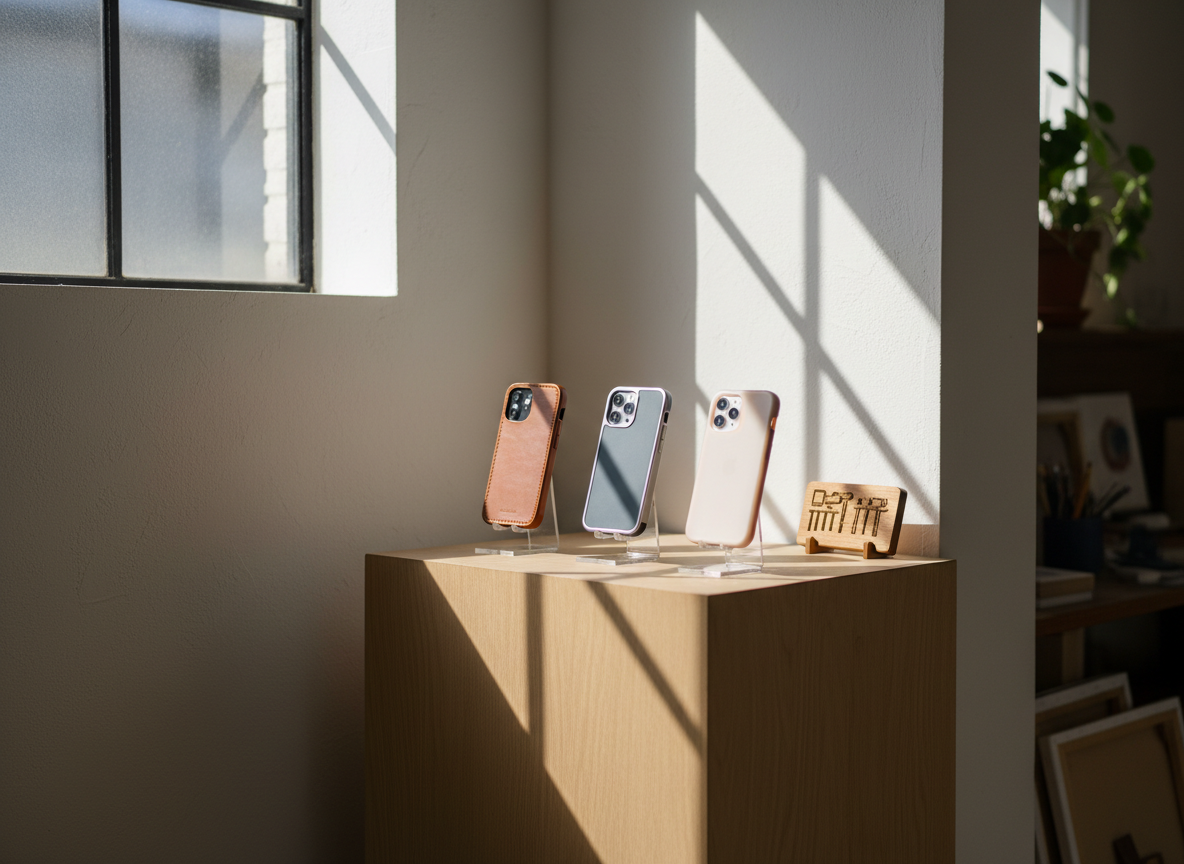 A slender display plinth in a quiet, sunlit Osaka studio corner, bearing three smartphones upright on discrete clear stands, each wearing a different LUMIE case: one in warm cognac leather, one in cool slate with a satin metallic edge, and one in milky translucent resin subtly tinted blush. Beside them, a miniature wooden sign shaped like a stylized workshop table symbolizes a single artisan creator without using text or people. Afternoon light slants through a high window, forming geometric patterns on the plaster wall and emphasizing the refined finishes. Photographic realism, shot at a three-quarter angle with a rule-of-thirds composition and soft bokeh background, creating a calm, atelier-like atmosphere.