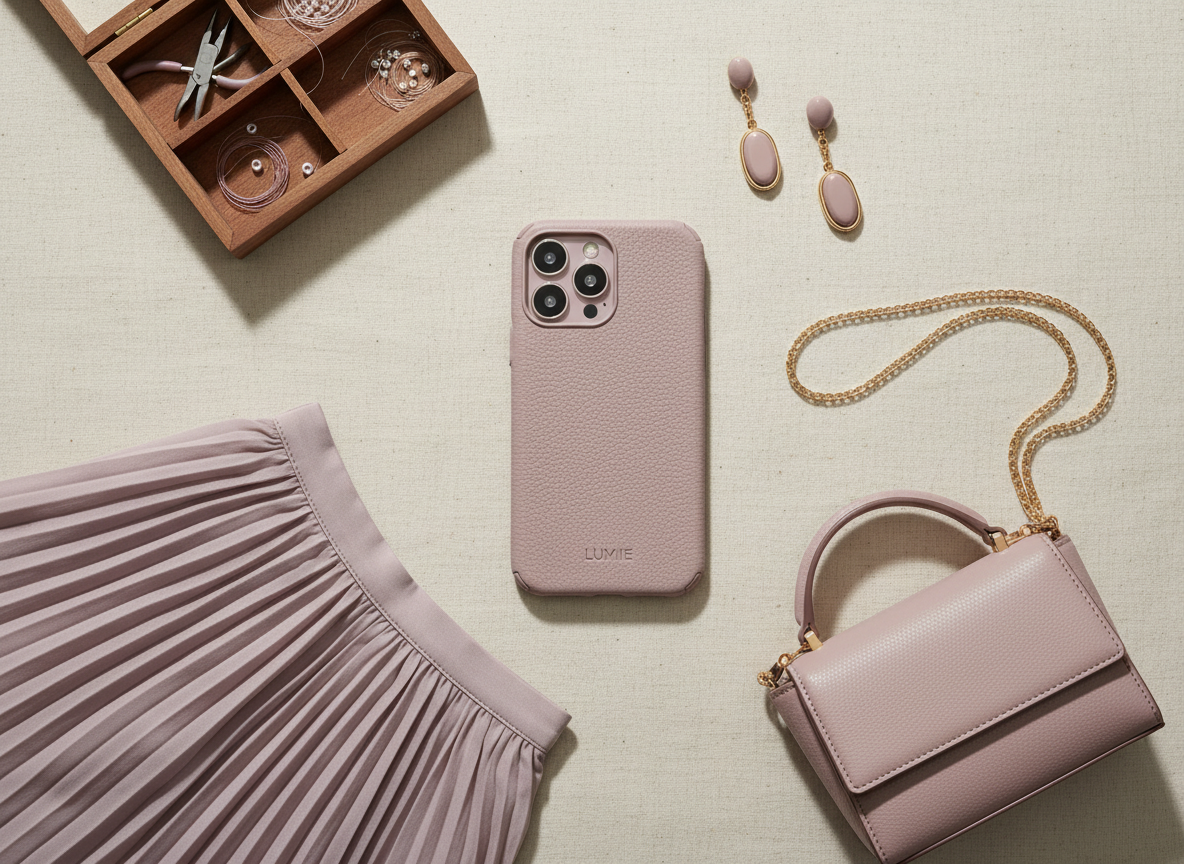 A flat-lay composition of coordinated fashion accessories on a creamy linen backdrop: in the center, a smartphone in a sophisticated LUMIE case, pale mauve with a fine pebbled leather texture and precise camera cutout. Around it, a neatly folded pleated skirt, a structured mini handbag, and a pair of minimalist earrings echo the same color palette, expressing the idea of dressing the phone like an outfit. A small, open craft box with neatly arranged tools in a corner quietly hints at hand-crafted production rather than mass manufacture. Soft, overhead natural light creates gentle gradients and delicate shadows, emphasizing tactile surfaces. Photographic realism with sharp focus throughout, conveying an elegant, fashion magazine style.