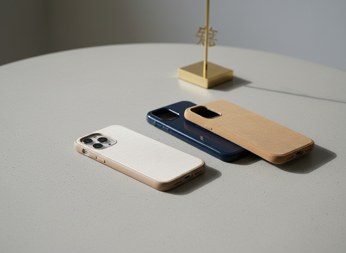 A single smartphone lying on a smooth, pale grey concrete tabletop, dressed in a chic interchangeable case featuring a soft ivory base with a slim taupe border and a subtle, fabric-like texture. Next to it, two additional cases are arranged like accessories: one glossy deep navy, one warm sand-colored with a velvety matte finish, hinting at the idea of changing cases with the day’s outfit. A delicate gold metal stand in the background suggests a small studio in Osaka where each piece is crafted to order. Soft diffused studio lighting creates refined shadows and a serene, editorial fashion mood. Photographic realism, shot from a slightly elevated angle with a minimalist, airy composition.