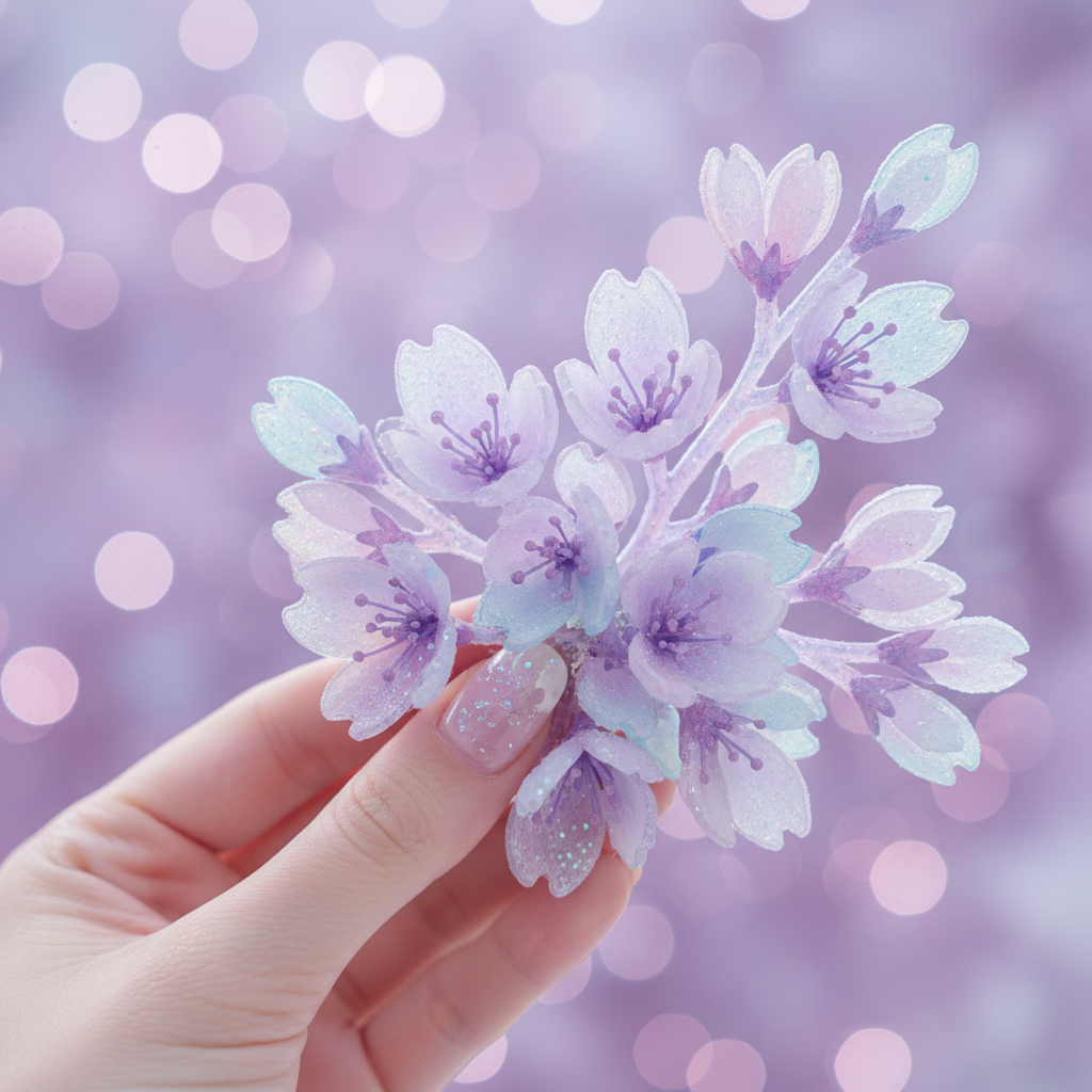 Dreamy close-up of a hand holding a lavender acrylic accessory with translucent petals