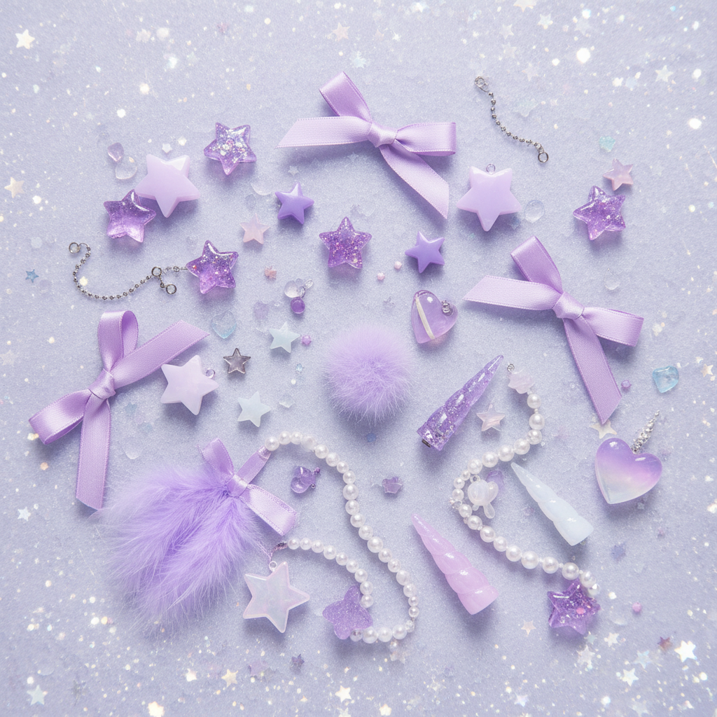 Ethereal flat-lay of purple and lavender fairy-kei accessories, ribbons, star charms and pearls