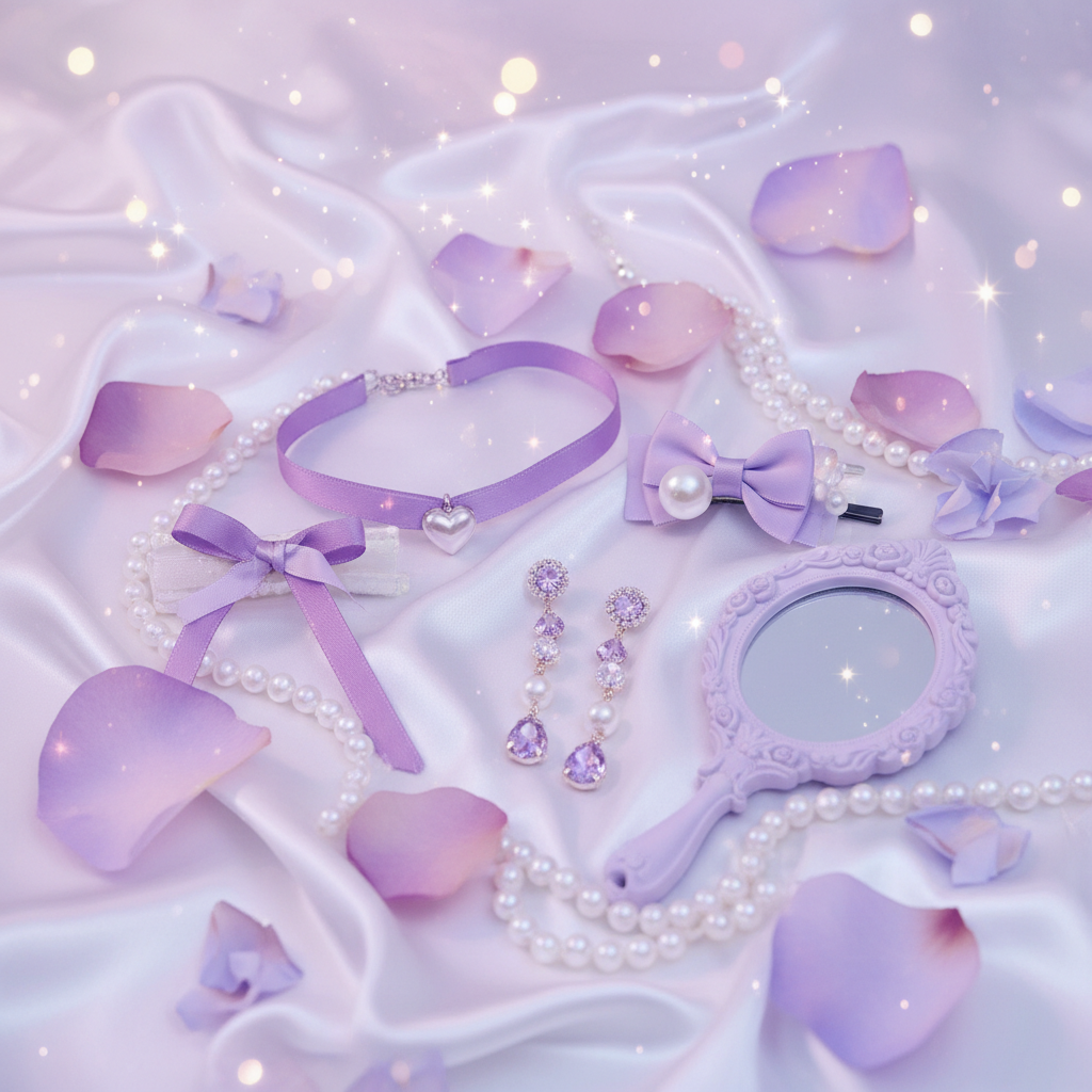 Soft styled scene of purple accessories near flower petals and pearls on pearl-white satin