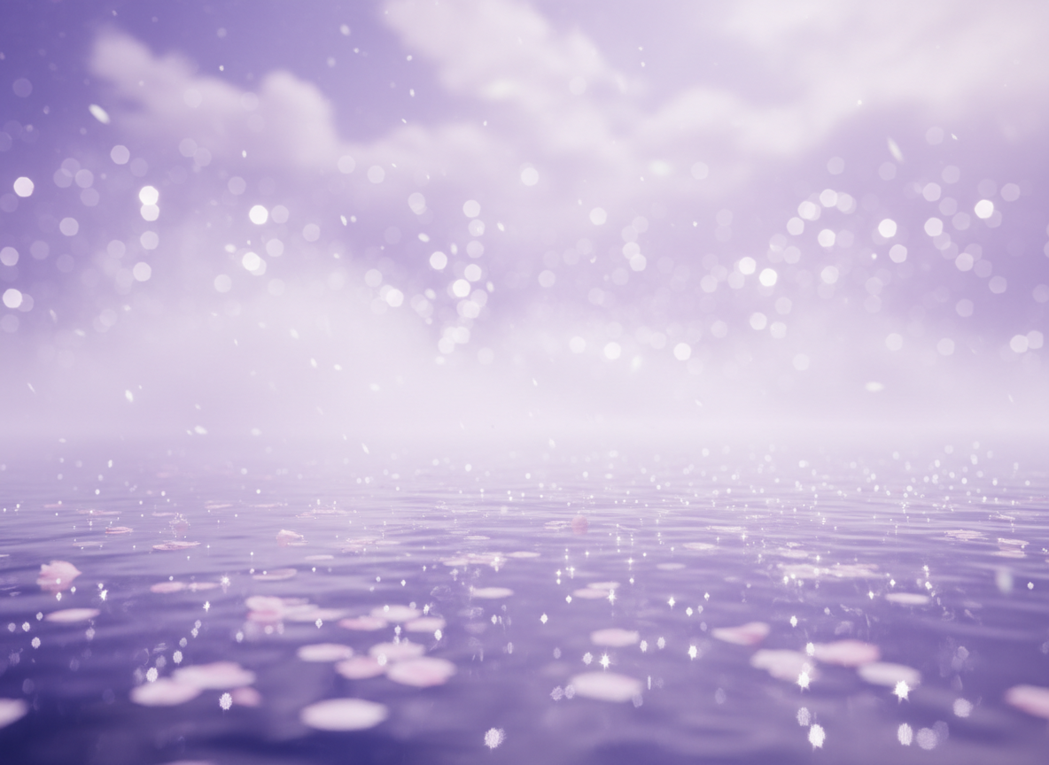 Ethereal and dreamy purple fantasy background. Soft lavender and violet rippling water surface with iridescent shimmer, delicate translucent flower petals floating gently, scattered diamond-like light sparkles and glitter, misty pearl-white fog drifting through, deep violet to pale lilac gradient, ultra-soft bokeh, fairy-tale magical atmosphere, hyper-detailed, cinematic, melancholic and ephemeral mood